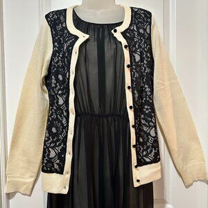 New Ann Taylor Ivory w/Black Lace Overlay Cardigan, Size L (NWOT)